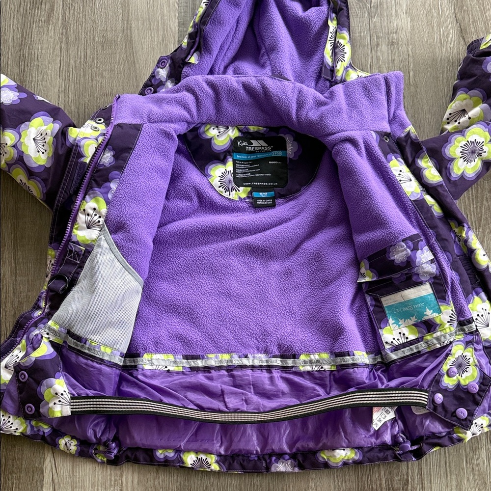 Trespass Purple Floral Hooded Kids Ski Jacket